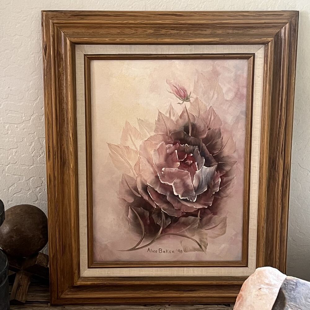 Vintage Art Floral Framed Rose Oil Painting Signed Alice Baker 1990 13.5 x 17"
